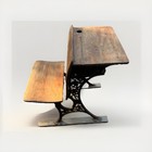 Vintage Wooden School Desk with Attached Bench Seat & Cast Iron Base — photo 2