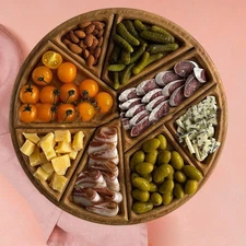 Wood Serving Tray Round with Removable Dividers