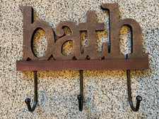 3 Metal Hooks 16" Bath Towel Wooden Holder Rack Rustic Vintage Style Dark Brown