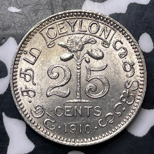 1910 Ceylon 25 Cents Lot#MK281 Silver! Nice!