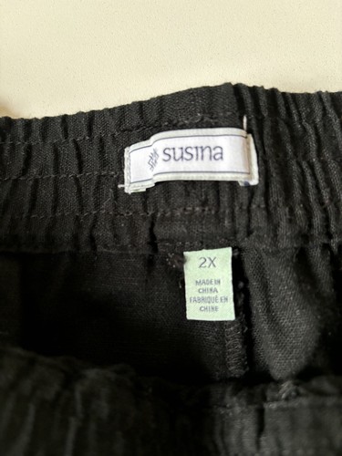 Susina Pull On Shorts Womens 2X Linen Blend Lace Hem Black Breezy Elastic Waist - Picture 3 of 8