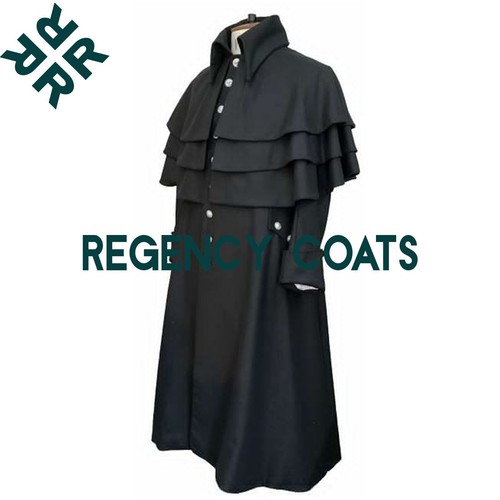 Handmade Black Wool Triple layer Regency Greatcoat, Single Breasted Garrick Coat - Picture 2 of 4