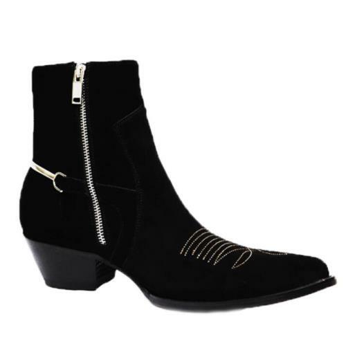 New Mens Pointy Toe Biker Business Cowboy Real Leather Chelsea Ankle