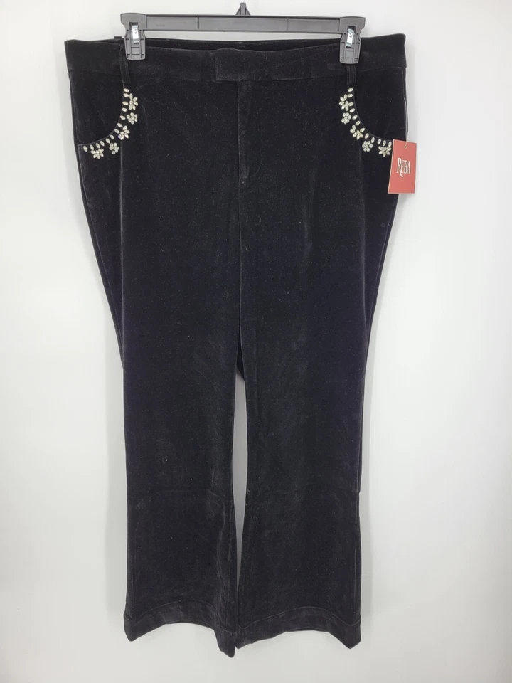Pantalones Reba para mujer 14 negros terciopelo estrás ribete pierna recta cinco bolsillos artísticos Foto 2 de 4
