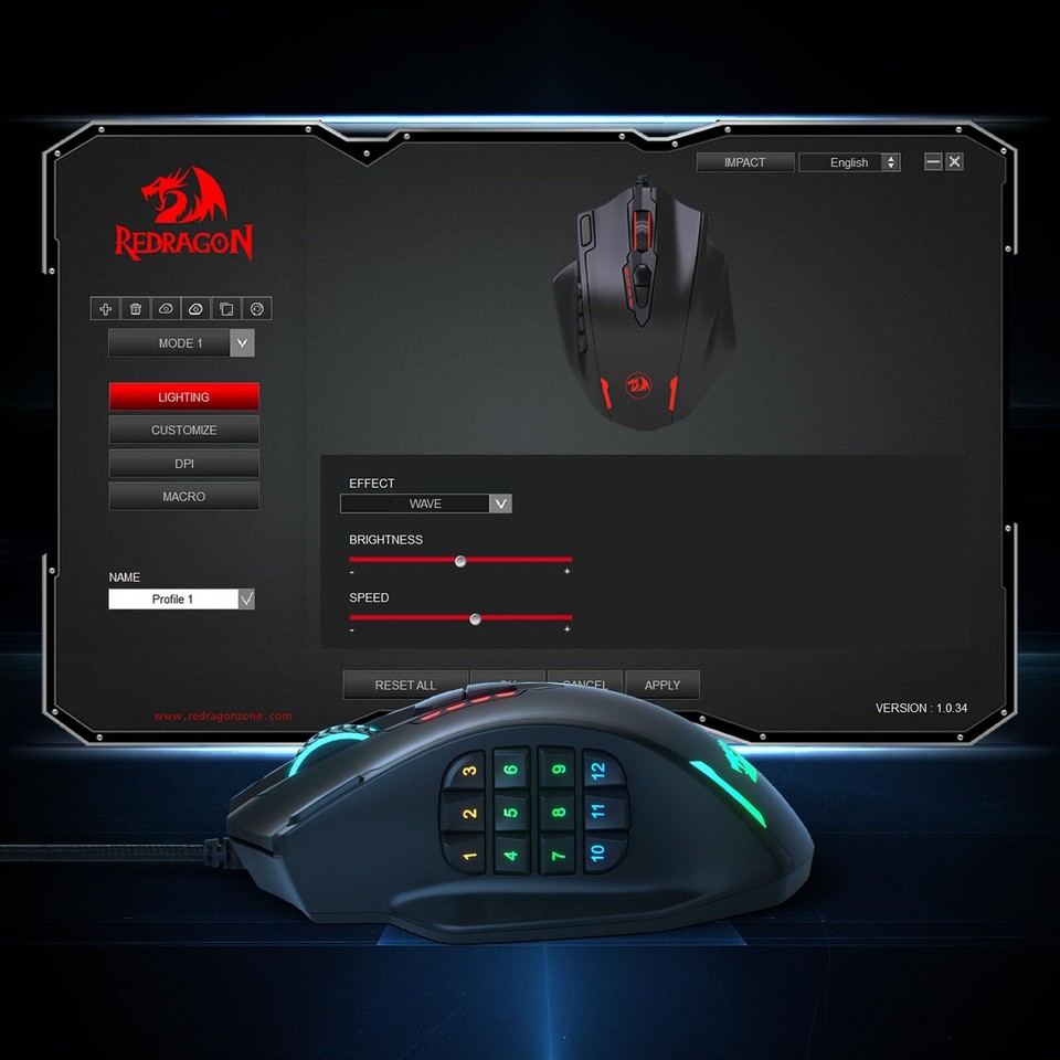 M908 Impact RGB LED MMO Gaming Mouse with 12 Side Buttons, Optical