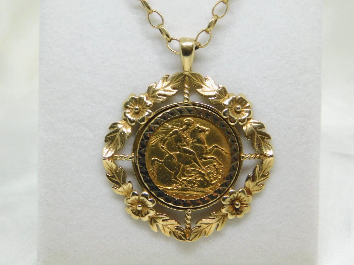 9ct Gold Floral Pendant Set Full Sovereign on Chain