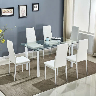 KOSY KOALA WHITE DINING TABLE AND 6 WHITE CHAIRS KITCHEN GLASS TABLE SET FOR 6