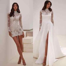 A-Line 2Pieces High Neck Lace Wedding Dresses Illusion Long Sleeves Bridal Gowns