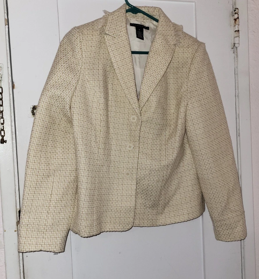 Blazer Apostrophe Beige Tejido Texturizado Mujer Talla 12 Acrílico Pecho Único Foto 3 de 4
