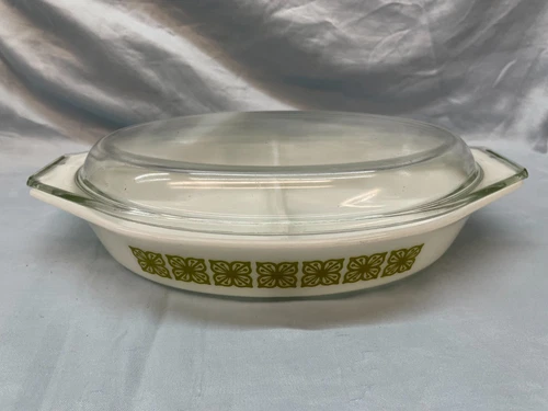VINTAGE PYREX OVAL DIVIDED CASSEROLE DISH W/LID 1 1/2 QT Autumn Floral (Verde)
