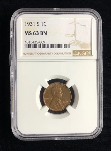 1931-S LINCOLN WHEAT CENT LINCOLN PENNY NGC CERTIFIED MS 63 BN SEMI-KEY DATE