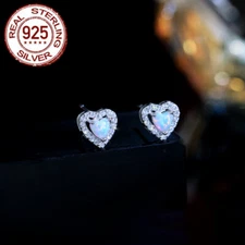Fire Opal Heart Stud Earrings Sterling Silver Women Cubic Zirconia Jewelry Gift