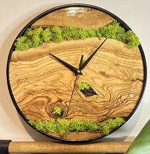 Metal and Olive Wood Wall Clock, Olive Wood and Moss Wall Clock, Home Decor