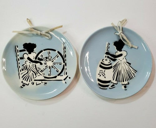 Cleminsons Pottery California Blue Plates Silhouette Girl Wheel & Butter Churn