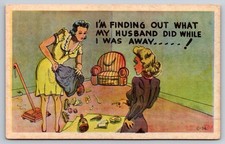 Vtg Comic Postcard Husband Away Humor Wife is Mad About Secret USA Unposted