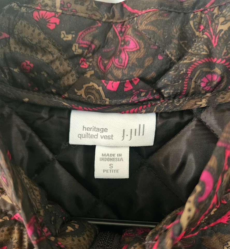 Chaleco Acolchado J Jill Heritage Petite S SP Marrón Rosa Paisley Cremallera Bolsillos Delanteros Foto 2 de 4