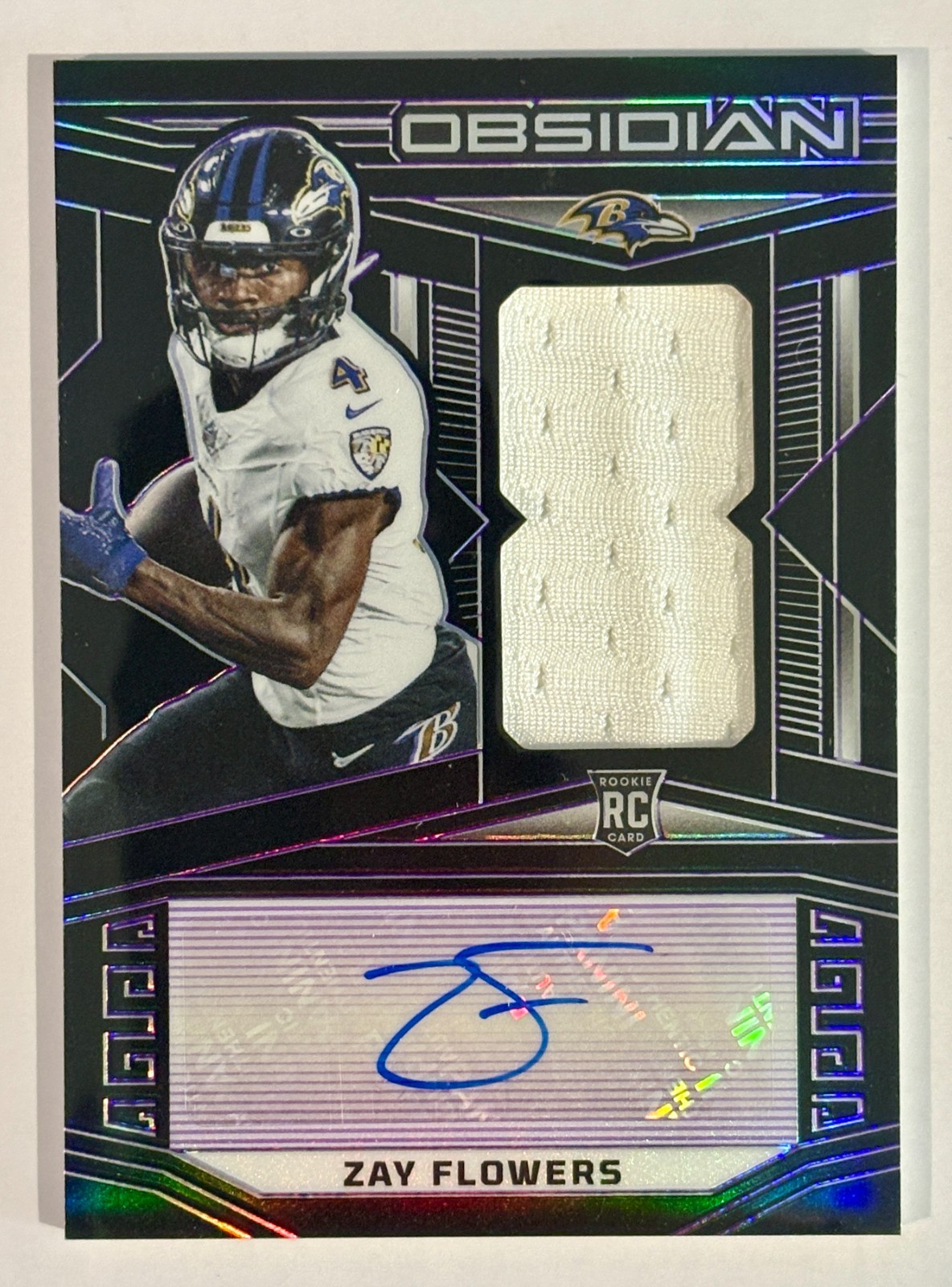 2023 Obsidian Electric Etch Purple #239 Zay Flowers RPA RC Patch AUTO 01/75
