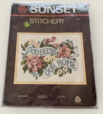 Sunset Stitchery Crewel Embroidery Kit God Bless 1983 Open Complete Kit 2704