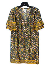 CHELSEA & VIOLET Navy Blue Gold FLORAL Satin V-NECK Flutter Sleeve SHIFT DRESS S