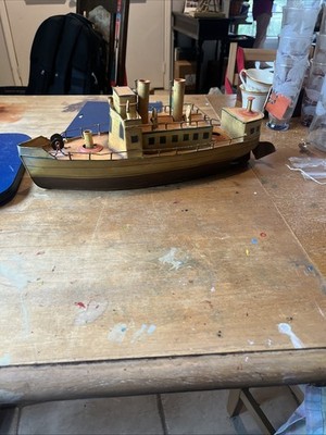 Vintage Tin Tugboat Model Steamer Ship Hand Painted Nautical Decor 15 