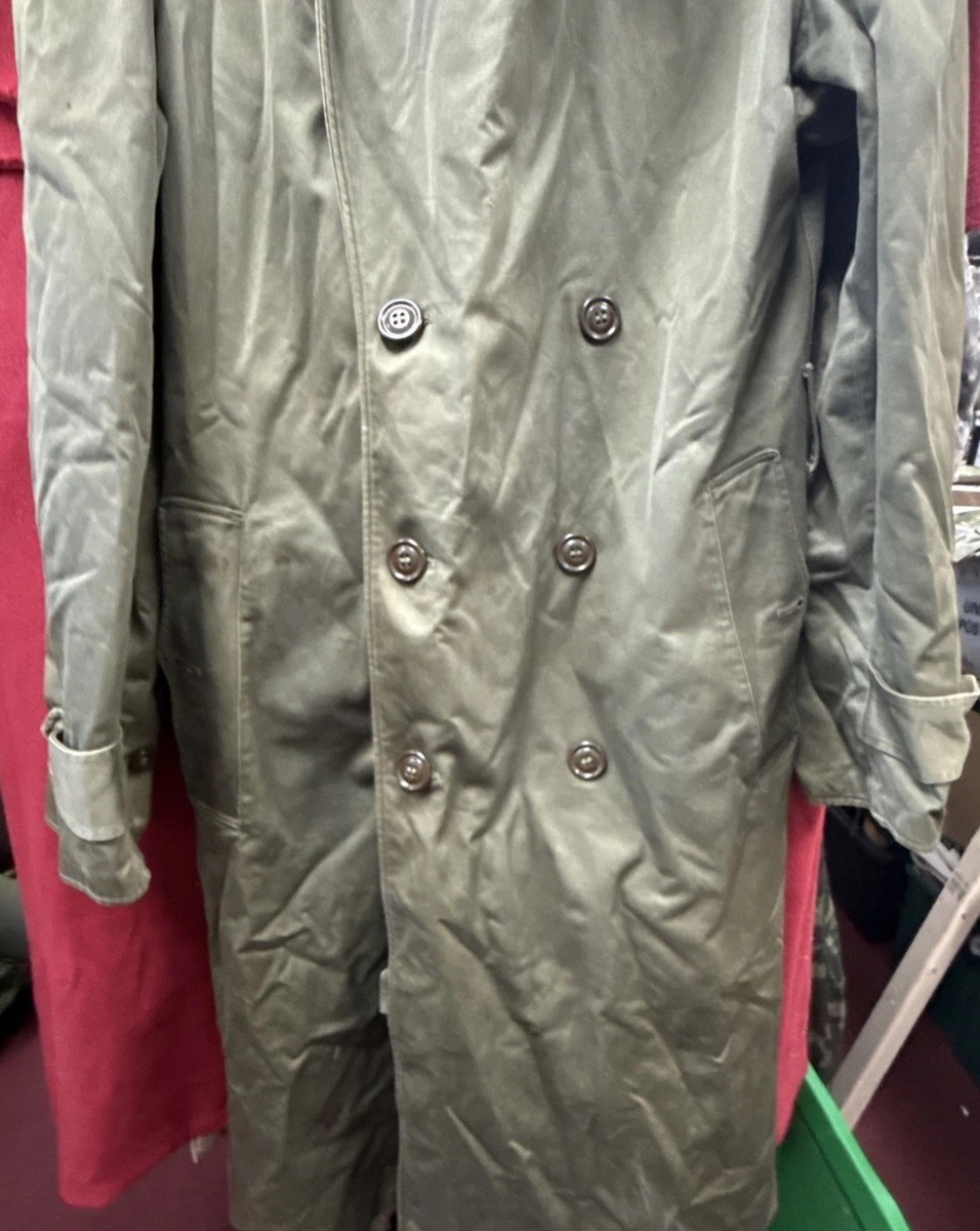 Vintage Military Trench Coat Olive Drab Green Overcoat Small