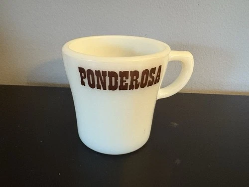Vintage Ponderosa Steakhouse Coffee Mug Pyrex Milk Glass Cup Advertising Rare