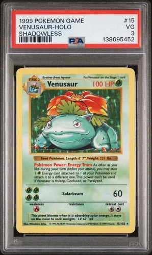 1999 POKEMON BASE SET SHADOWLESS #15 VENUSAUR-HOLO PSA 3
