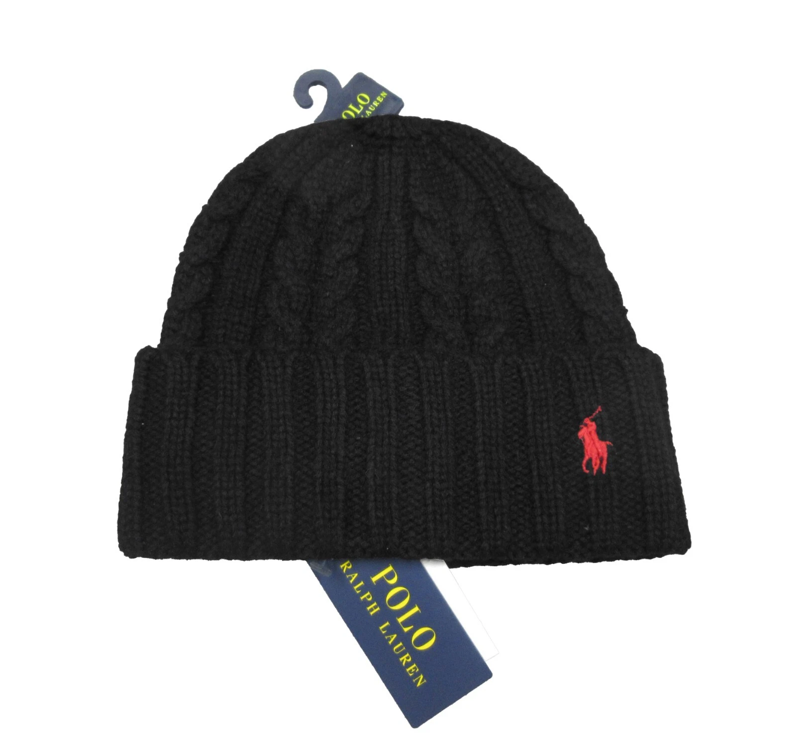 Polo Ralph Lauren Men's Black Cable Knit Wool Blend Ribbed Cuff Beanie