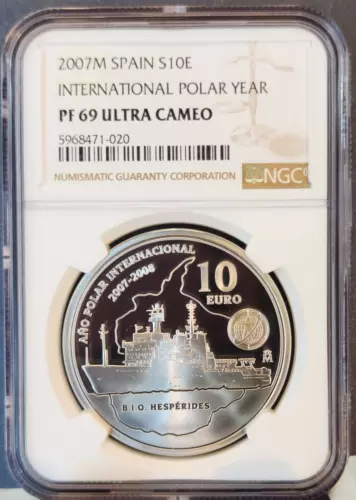 2007 SPAIN SILVER 10 EURO INTERNATIONAL POLAR YEAR NGC PF 69 ULTRA CAMEO TOP POP
