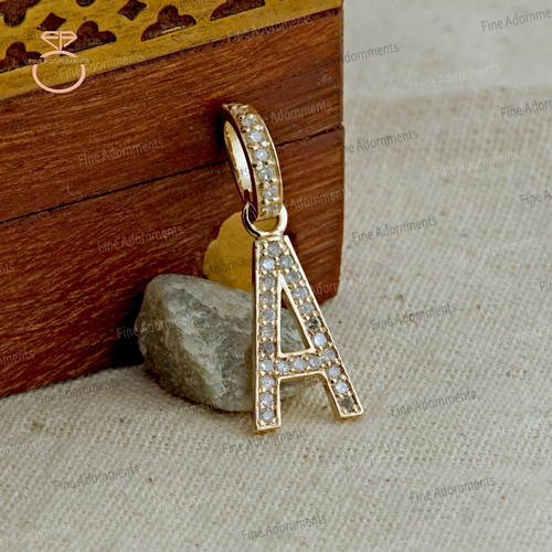 Solid 14k Yellow Gold A Initial Pendant Genuine Diamond A Letter Charm Jewelry - Picture 6 of 9