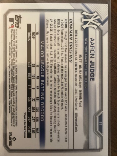 2021 Bowman Chrome Aaron judge NY Yankees #25 - Picture 2 of 2