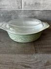 Vintage Pyrex 1 1/2 Qt Sage Green Gold Scroll Oval Casserole Dish 043 W/lid
