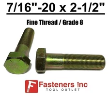 7/16-20 x 2-1/2" (PT) Hex Bolt Yellow Zinc Plated Grade 8 Cap Screw Fine Thread