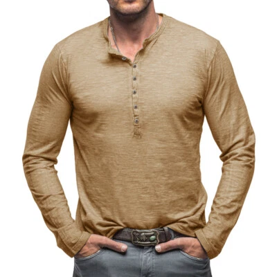 Men's Cotton Henley Shirt Retro Long Sleeve T-shirt Button Wash V-neck Tops - Image 1 of 4