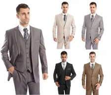 Men's Three Piece Vested Suit Modern Fit Two Button Formal Solid Dress Suits Set