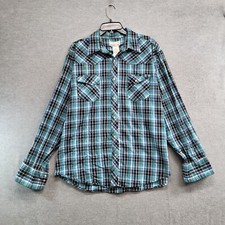 Wrangler Wrancher Men Button Up Shirt XL Blue Plaid Pearl Snap Long Sleeve