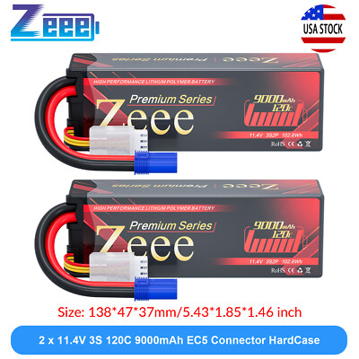 2x Zeee 11.4V 120C 9000mAh EC5 HV 3S LiPo Battery Hardcase for RC Car Truck Tank