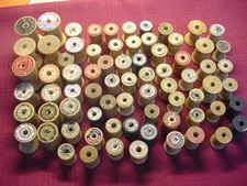 73 Vtg Wooden Spools 61 Labeled 12 Unlabeled 2 Loose  Labels
