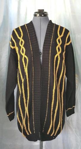 Vintage Oversized Black Open Front Sweater Cardigan with Gold Accents Size Small - Picture 2 of 7