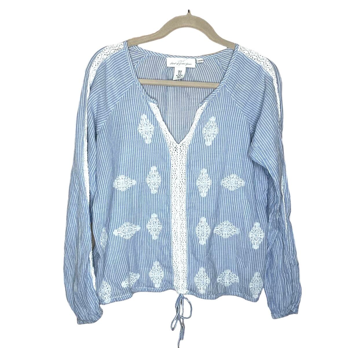 H&M Label of Graded Goods Women's Peasant Blouse Blue Pinstriped Lace Size 10