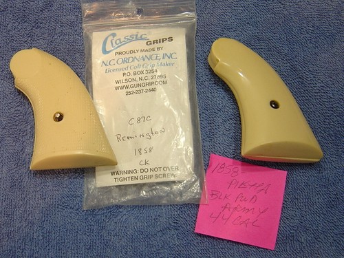PAIR 1858 PIETTA BLK PWD ARMY REVOLVER GRIPS FAUX IVORY ONE CHECKED/ ONE SMOOTH