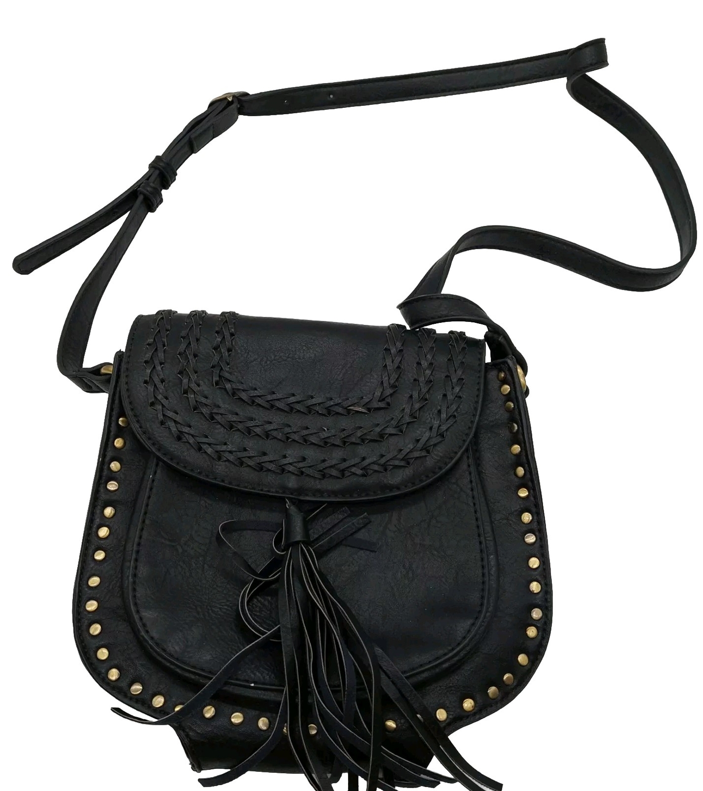 Antik Kraft Cheyenne Black Faux Leather Studded Crossbody Bag with Tassel
