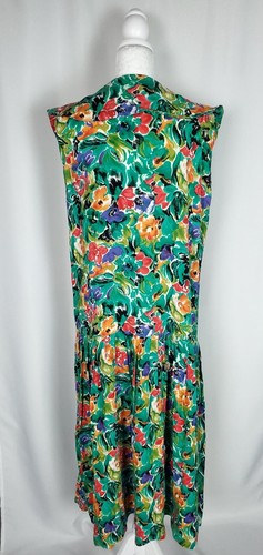 Vintage Womens Dress Medium Green Floral Watercolor Collared Half Button 80s 90s - Picture 4 of 17