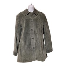 Vtg Cherokee Ladies M Green Genuine Suede Leather Button Up Coat