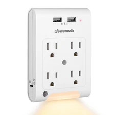 DEWENWILS Multi Wall Plug Outlet Adapter w/ 2 USB Ports Light Sensor Night Light