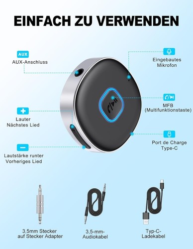 Mohard AUX Adaptador Bluetooth Coche, Inalámbrico Coche Bluetooth 5.3 Receptor para... - Imagen 6 de 8