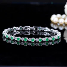 Silver Plated Green CZ Round Tennis Charm Link Bracelet for Costume Jewellery