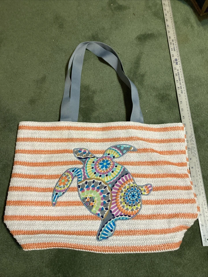 Vera Bradley Sunny Medallion Turtle  Orange Stripe Straw Tote Beach Bag 13”x19”