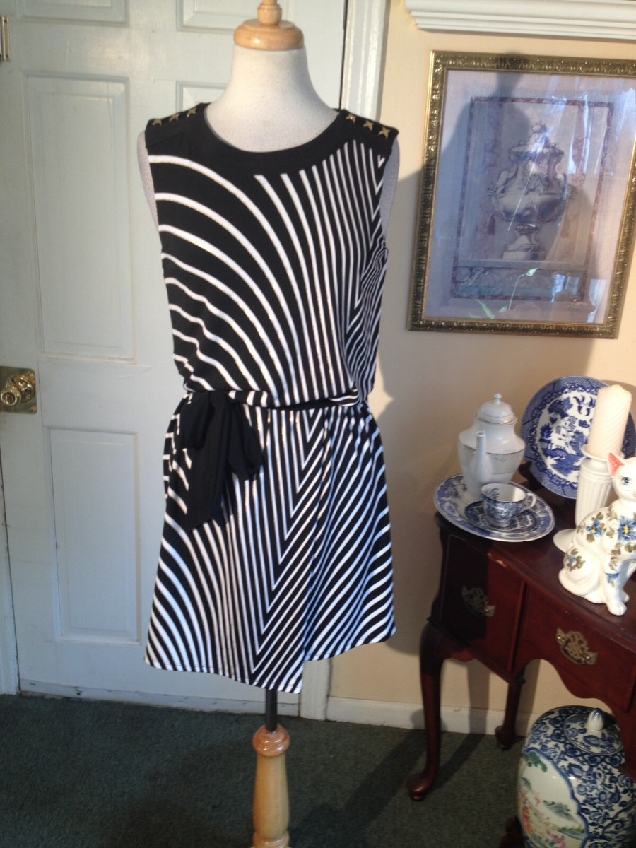 WHITE HOUSE BLACK MARKET BLACK,WHITE & GOLD STRIPE PULLOVER JERSEY  DRESS-SIZES!!