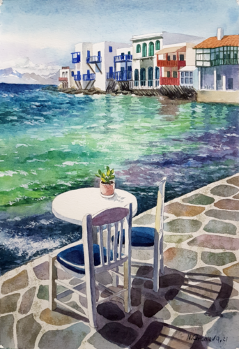 Griechenland Watercolor  Greece Sea Meer Aquarell impressionism Claude Monet - Bild 1 von 3